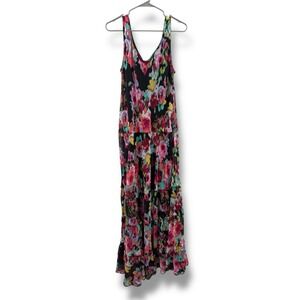 Jones Studio Floral Maxi Dress Women's 16W Sleeveless Black Multicolor Tiered